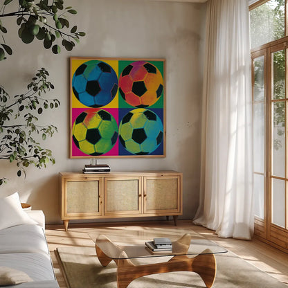 Ball Four - Soccer by Wild Apple Portfolio. Shown in a natural wood frame in a cozy modern living room. Available as an archival giclee rolled canvas, fine art paper, or poster print. SKU 59234a.