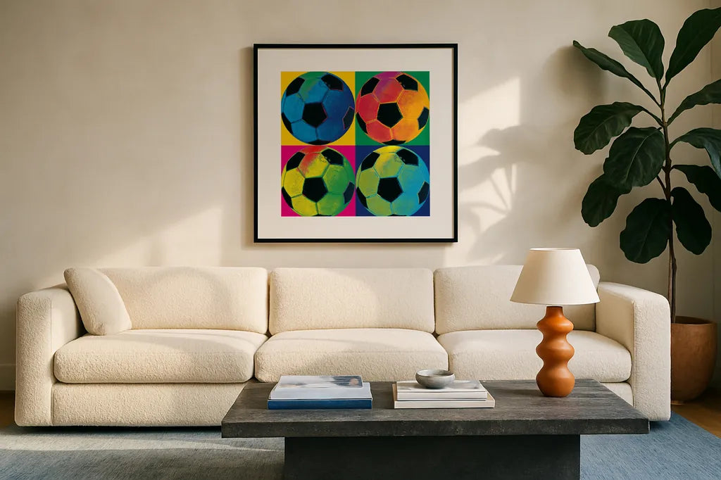 Ball Four - Soccer by Wild Apple Portfolio. Displayed in a glass frame with matte in a clean modern living room. Available as an archival giclee rolled canvas, fine art paper, or poster print. SKU 59234a.