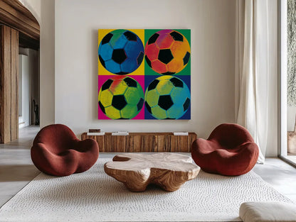 Ball Four - Soccer by Wild Apple Portfolio. Shown as extra-large giant wall art in a modern living room. Available as an archival giclee rolled canvas, fine art paper, or poster print. SKU 59234a.