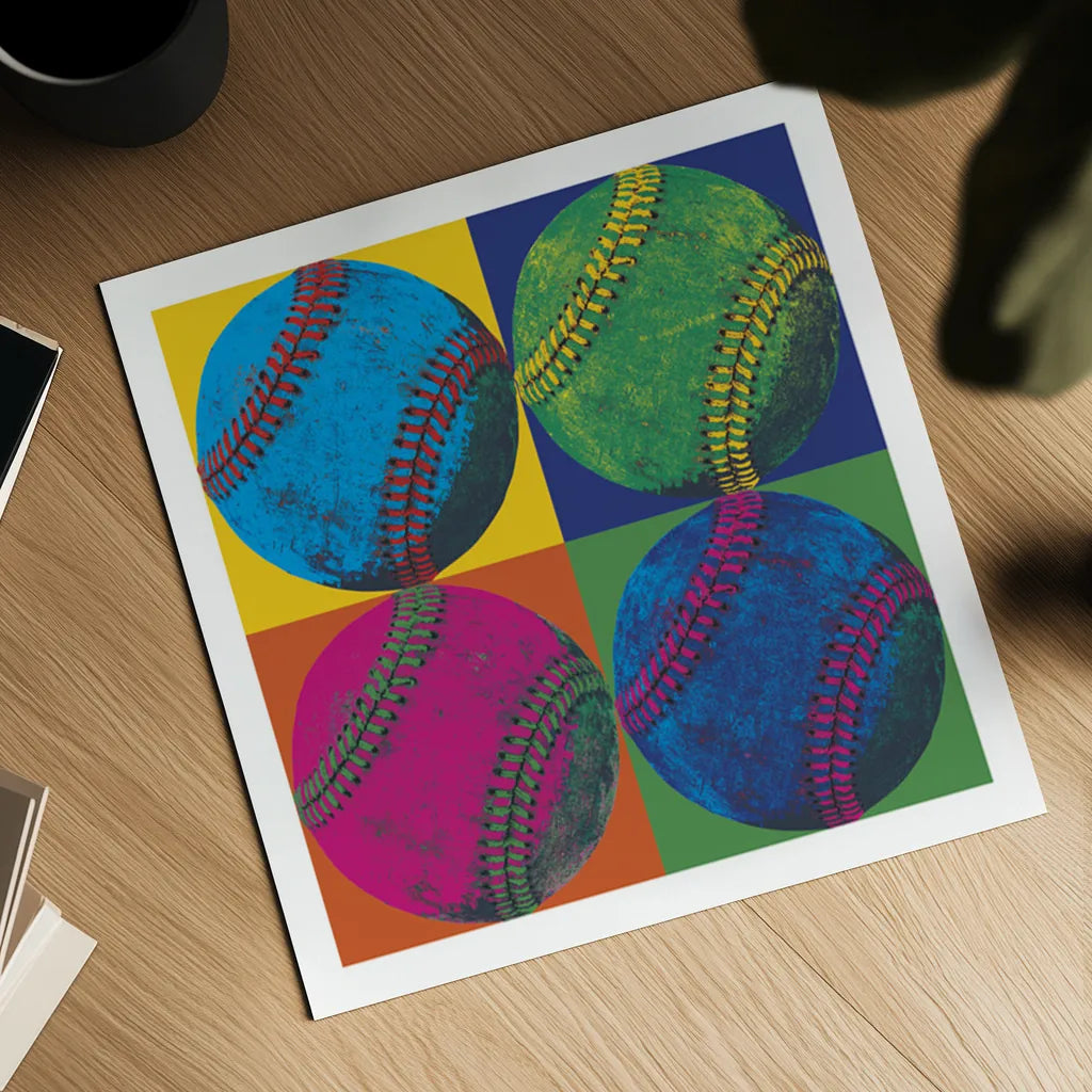 Ball Four Baseball by Wild Apple Portfolio. Shown as a detailed flat fine art print, highlighting archival giclee quality. Available as an archival giclee rolled canvas, fine art paper, or poster print. SKU 9870a.