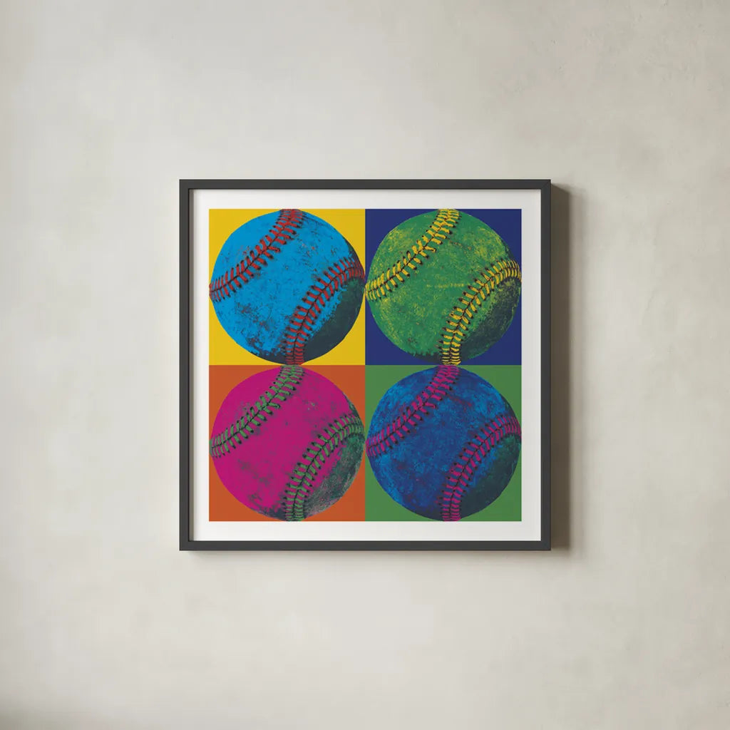 Ball Four Baseball by Wild Apple Portfolio. Shown in a sleek black glass frame for a contemporary gallery look. Available as an archival giclee rolled canvas, fine art paper, or poster print. SKU 9870a.