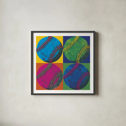 Ball Four Baseball by Wild Apple Portfolio. Shown in a sleek black glass frame for a contemporary gallery look. Available as an archival giclee rolled canvas, fine art paper, or poster print. SKU 9870a.