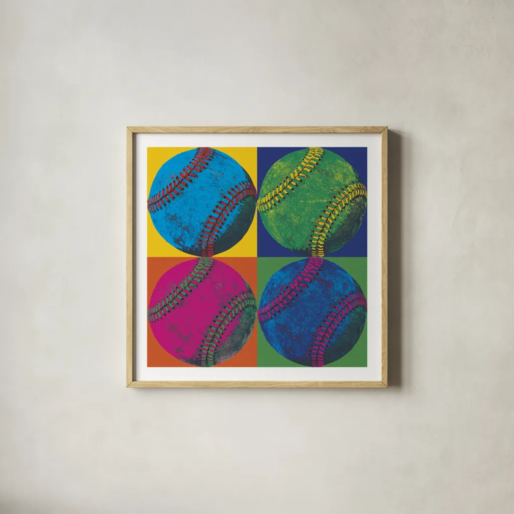Ball Four Baseball by Wild Apple Portfolio. Shown in a natural wood glass frame for a timeless modern aesthetic. Available as an archival giclee rolled canvas, fine art paper, or poster print. SKU 9870a.