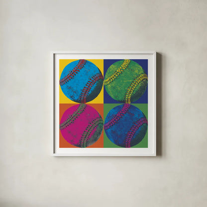 Ball Four Baseball by Wild Apple Portfolio. Shown in a crisp white glass frame for a clean and minimalist style. Available as an archival giclee rolled canvas, fine art paper, or poster print. SKU 9870a.