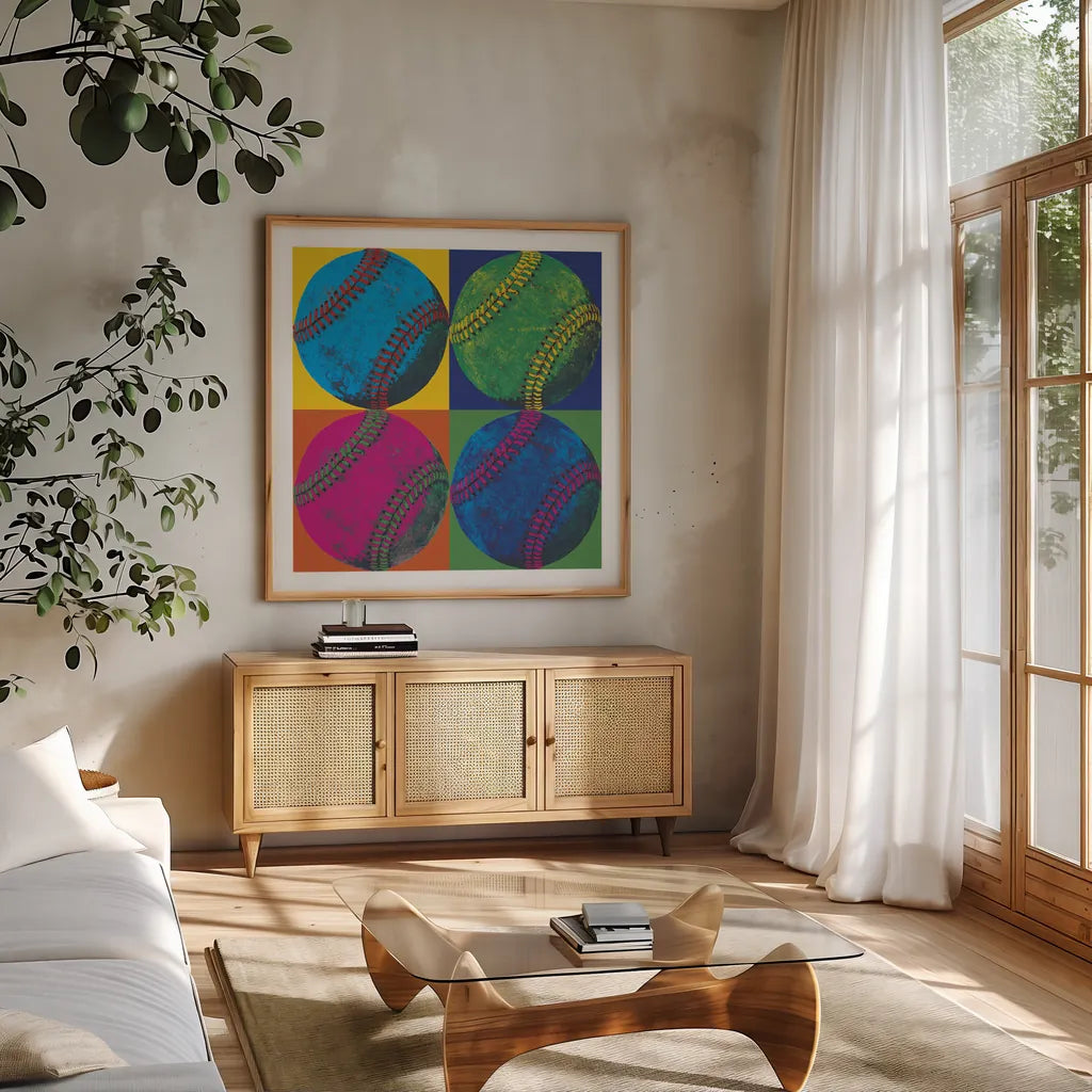 Ball Four Baseball by Wild Apple Portfolio. Shown in a natural wood frame in a cozy modern living room. Available as an archival giclee rolled canvas, fine art paper, or poster print. SKU 9870a.