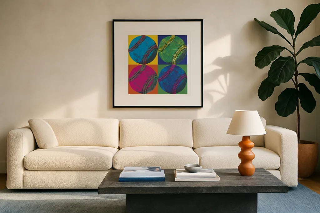 Ball Four Baseball by Wild Apple Portfolio. Displayed in a glass frame with matte in a clean modern living room. Available as an archival giclee rolled canvas, fine art paper, or poster print. SKU 9870a.