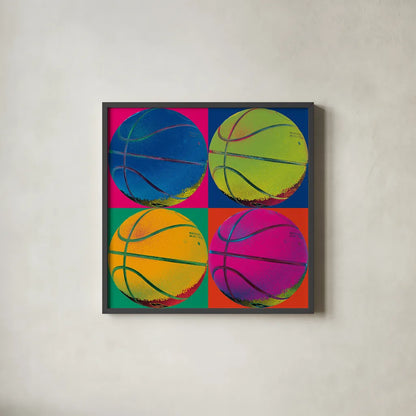 Ball Four Basketball by Wild Apple Portfolio. Shown in a sleek black glass frame for a contemporary gallery look. Available as an archival giclee rolled canvas, fine art paper, or poster print. SKU 59235a.