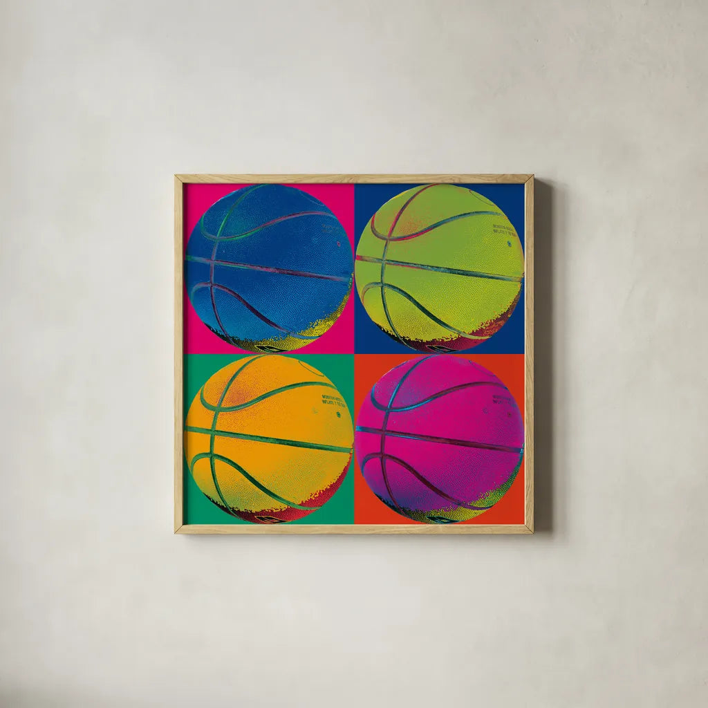 Ball Four Basketball by Wild Apple Portfolio. Shown in a natural wood glass frame for a timeless modern aesthetic. Available as an archival giclee rolled canvas, fine art paper, or poster print. SKU 59235a.