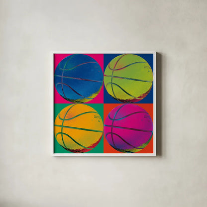 Ball Four Basketball by Wild Apple Portfolio. Shown in a crisp white glass frame for a clean and minimalist style. Available as an archival giclee rolled canvas, fine art paper, or poster print. SKU 59235a.