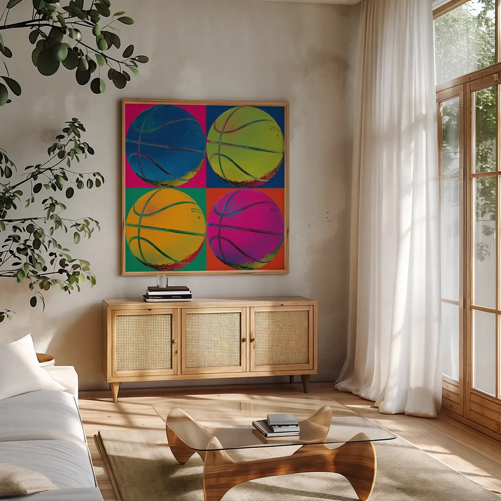 Ball Four Basketball by Wild Apple Portfolio. Shown in a natural wood frame in a cozy modern living room. Available as an archival giclee rolled canvas, fine art paper, or poster print. SKU 59235a.