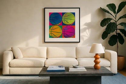 Ball Four Basketball by Wild Apple Portfolio. Displayed in a glass frame with matte in a clean modern living room. Available as an archival giclee rolled canvas, fine art paper, or poster print. SKU 59235a.