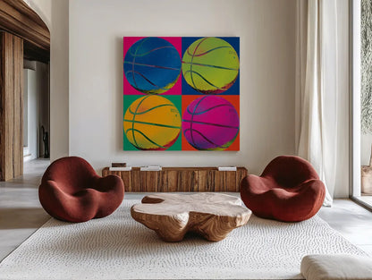 Ball Four Basketball by Wild Apple Portfolio. Shown as extra-large giant wall art in a modern living room. Available as an archival giclee rolled canvas, fine art paper, or poster print. SKU 59235a.