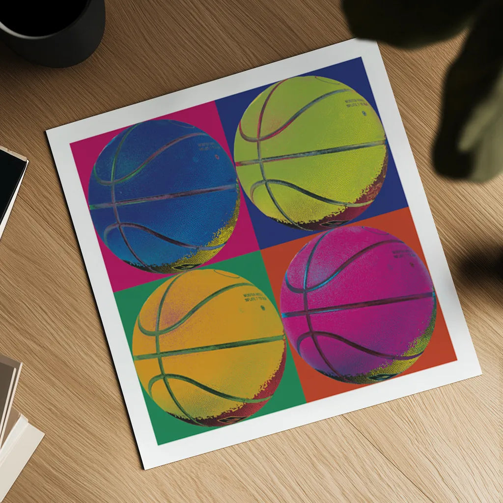 Ball Four Basketball by Wild Apple Portfolio. Shown as a detailed flat fine art print, highlighting archival giclee quality. Available as an archival giclee rolled canvas, fine art paper, or poster print. SKU 9873a.