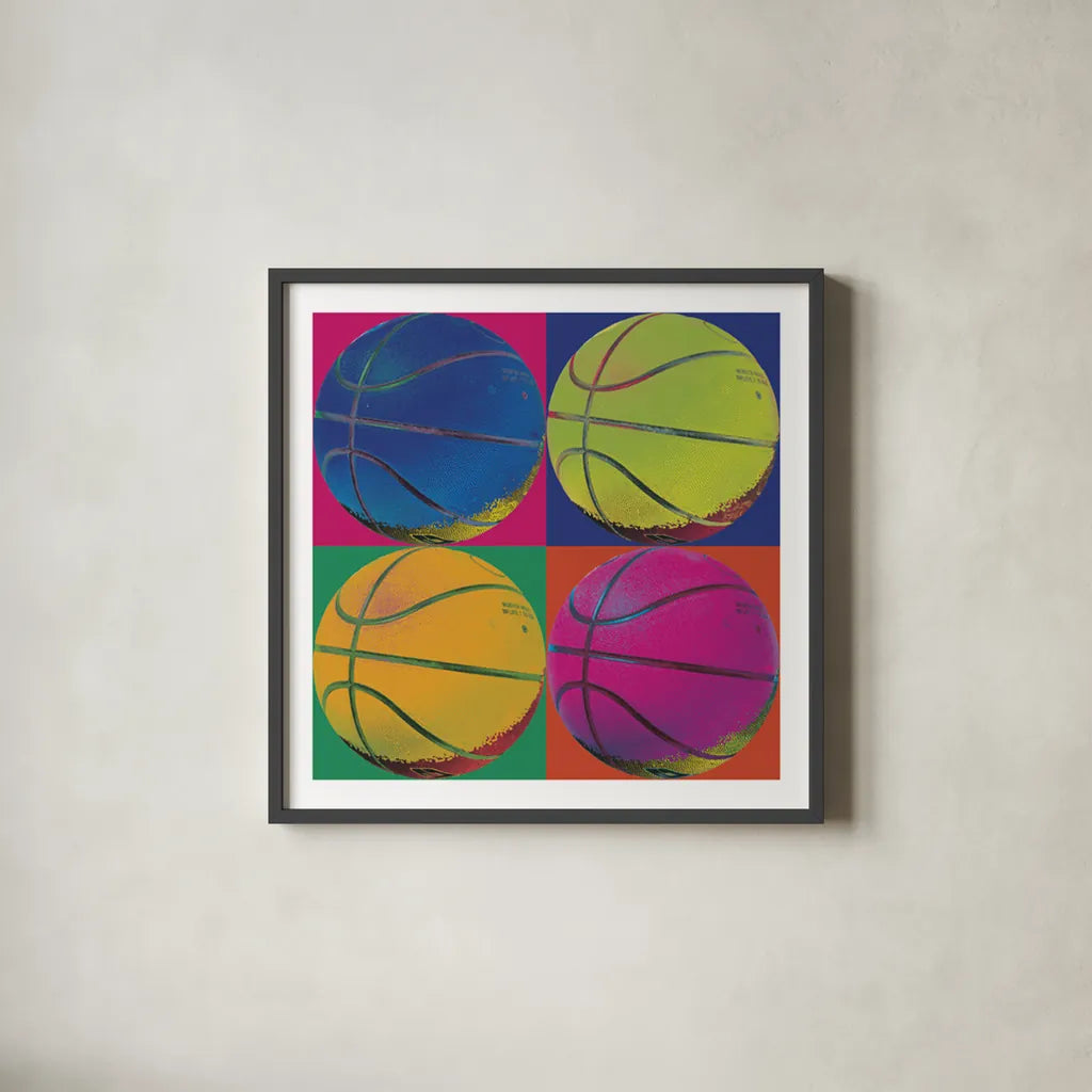 Ball Four Basketball by Wild Apple Portfolio. Shown in a sleek black glass frame for a contemporary gallery look. Available as an archival giclee rolled canvas, fine art paper, or poster print. SKU 9873a.