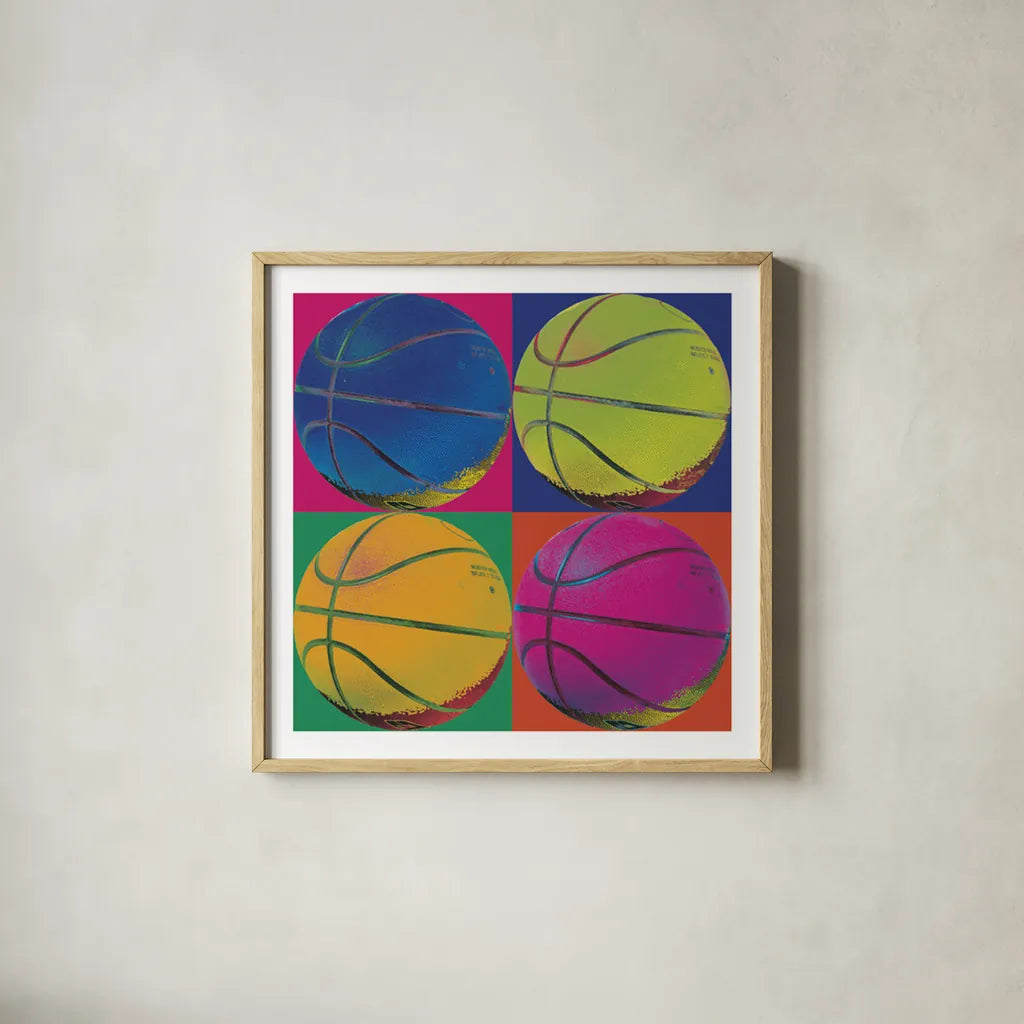 Ball Four Basketball by Wild Apple Portfolio. Shown in a natural wood glass frame for a timeless modern aesthetic. Available as an archival giclee rolled canvas, fine art paper, or poster print. SKU 9873a.
