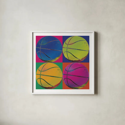 Ball Four Basketball by Wild Apple Portfolio. Shown in a crisp white glass frame for a clean and minimalist style. Available as an archival giclee rolled canvas, fine art paper, or poster print. SKU 9873a.