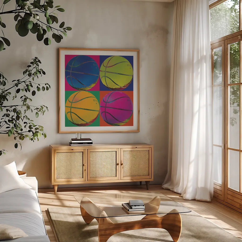 Ball Four Basketball by Wild Apple Portfolio. Shown in a natural wood frame in a cozy modern living room. Available as an archival giclee rolled canvas, fine art paper, or poster print. SKU 9873a.