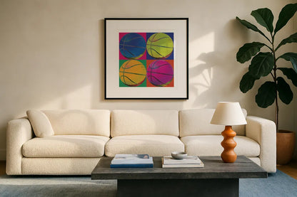 Ball Four Basketball by Wild Apple Portfolio. Displayed in a glass frame with matte in a clean modern living room. Available as an archival giclee rolled canvas, fine art paper, or poster print. SKU 9873a.