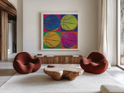 Ball Four Basketball by Wild Apple Portfolio. Shown as extra-large giant wall art in a modern living room. Available as an archival giclee rolled canvas, fine art paper, or poster print. SKU 9873a.