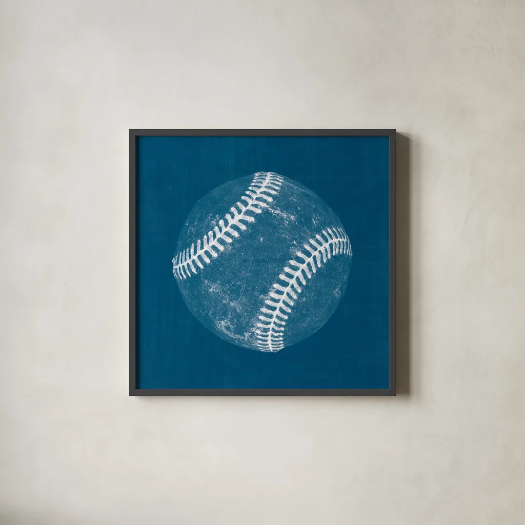 Ball Four Blueprint I by Wild Apple Portfolio. Shown in a sleek black glass frame for a contemporary gallery look. Available as an archival giclee rolled canvas, fine art paper, or poster print. SKU 62236a.