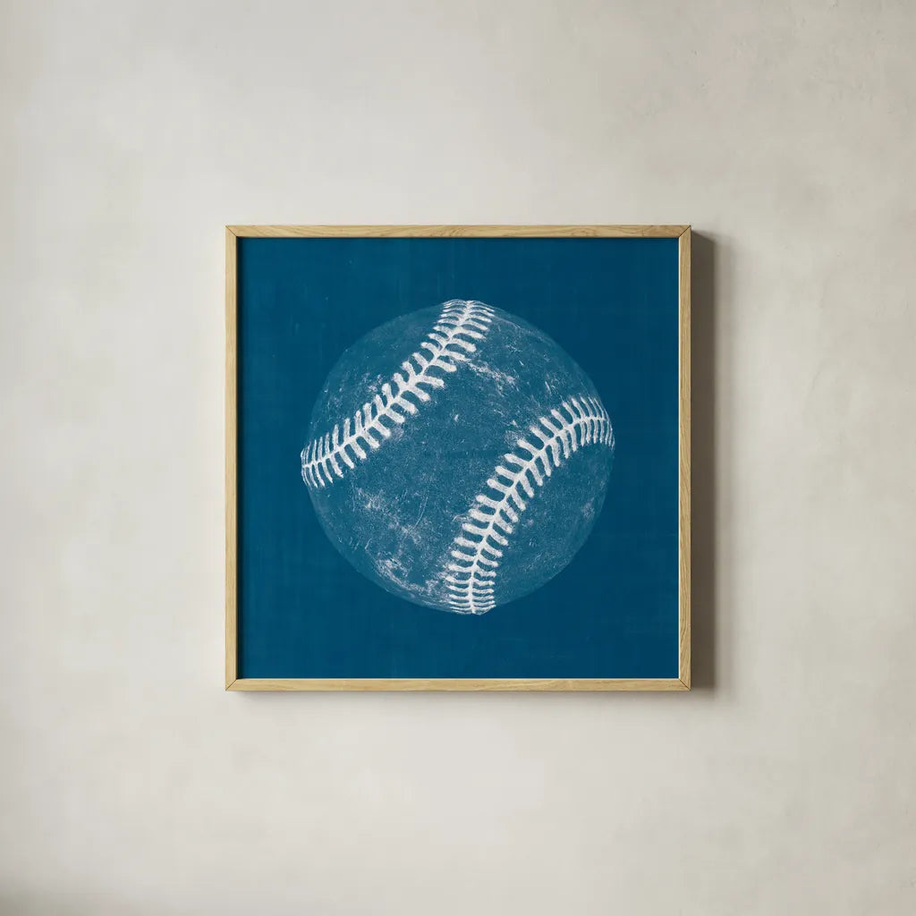 Ball Four Blueprint I by Wild Apple Portfolio. Shown in a natural wood glass frame for a timeless modern aesthetic. Available as an archival giclee rolled canvas, fine art paper, or poster print. SKU 62236a.