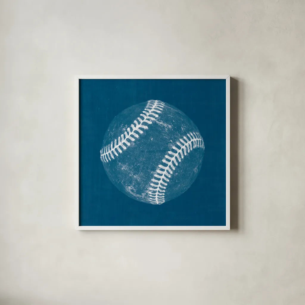 Ball Four Blueprint I by Wild Apple Portfolio. Shown in a crisp white glass frame for a clean and minimalist style. Available as an archival giclee rolled canvas, fine art paper, or poster print. SKU 62236a.