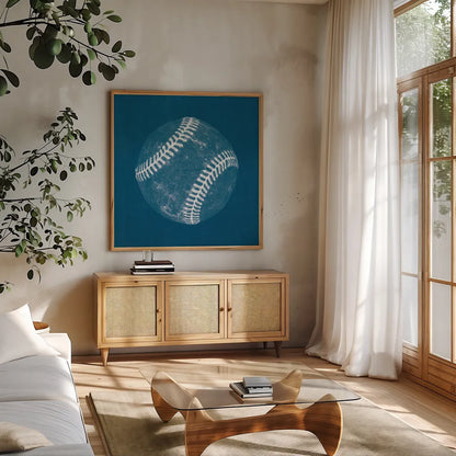 Ball Four Blueprint I by Wild Apple Portfolio. Shown in a natural wood frame in a cozy modern living room. Available as an archival giclee rolled canvas, fine art paper, or poster print. SKU 62236a.