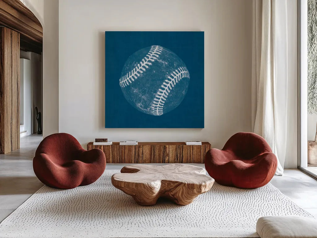 Ball Four Blueprint I by Wild Apple Portfolio. Shown as extra-large giant wall art in a modern living room. Available as an archival giclee rolled canvas, fine art paper, or poster print. SKU 62236a.