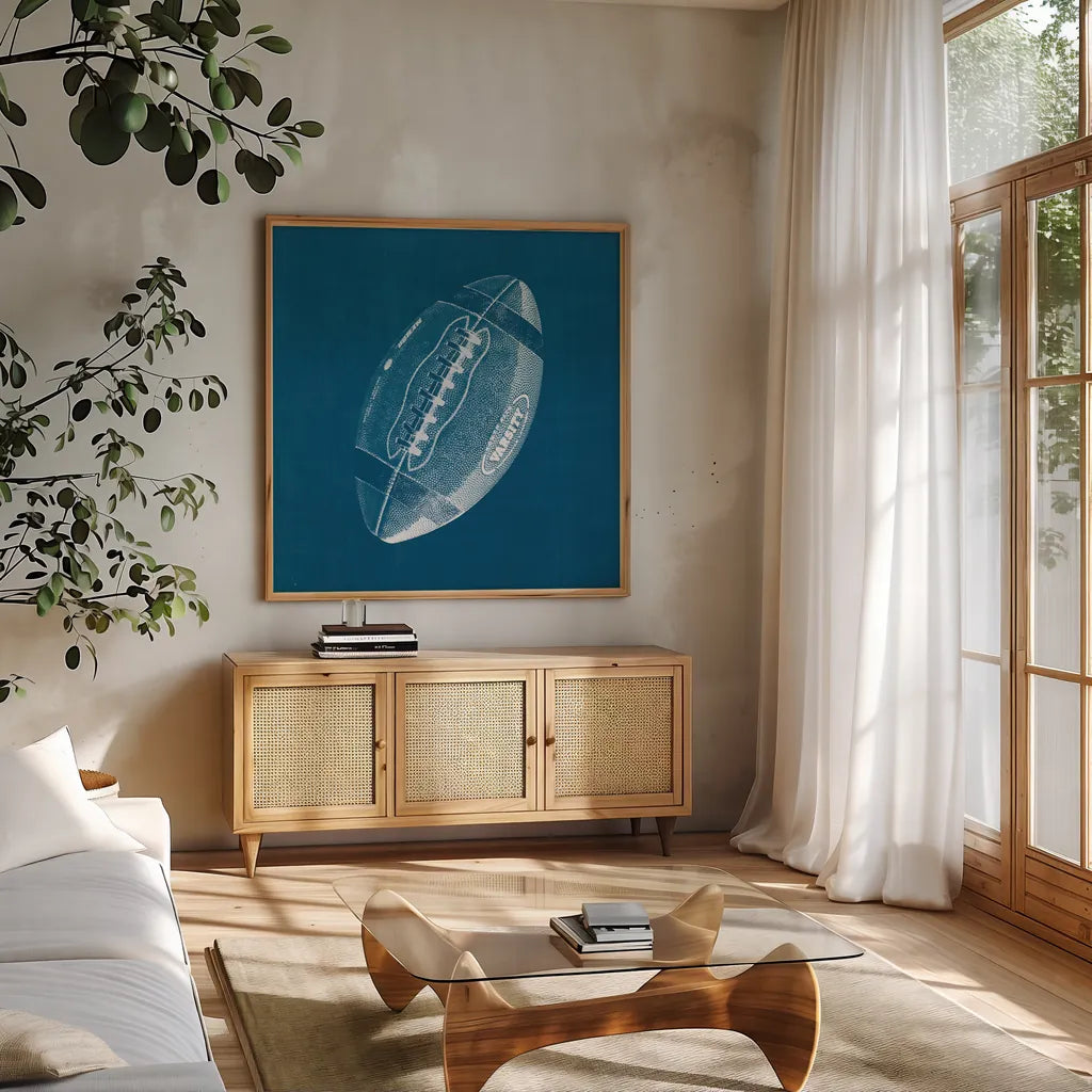 Ball Four Blueprint III by Wild Apple Portfolio. Shown in a natural wood frame in a cozy modern living room. Available as an archival giclee rolled canvas, fine art paper, or poster print. SKU 62238a.