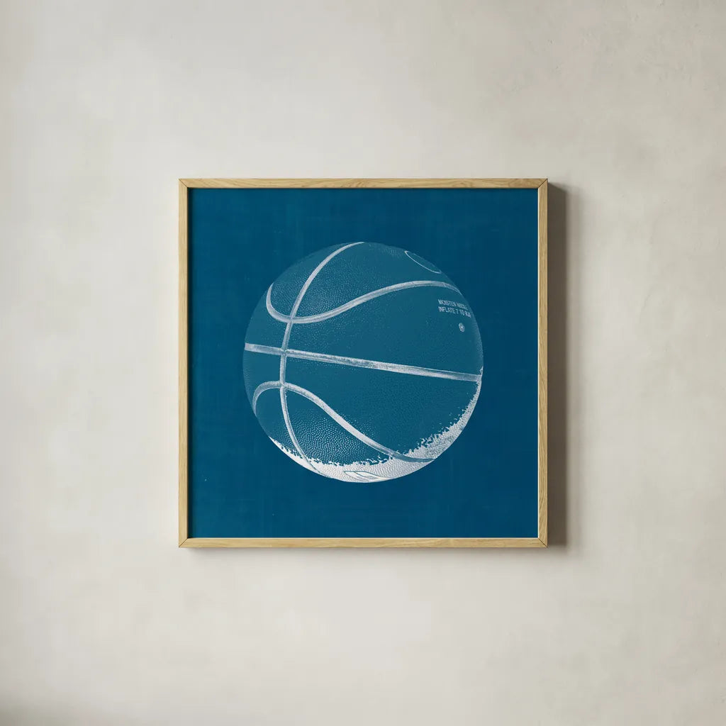 Ball Four Blueprint IV by Wild Apple Portfolio. Shown in a natural wood glass frame for a timeless modern aesthetic. Available as an archival giclee rolled canvas, fine art paper, or poster print. SKU 62239a.