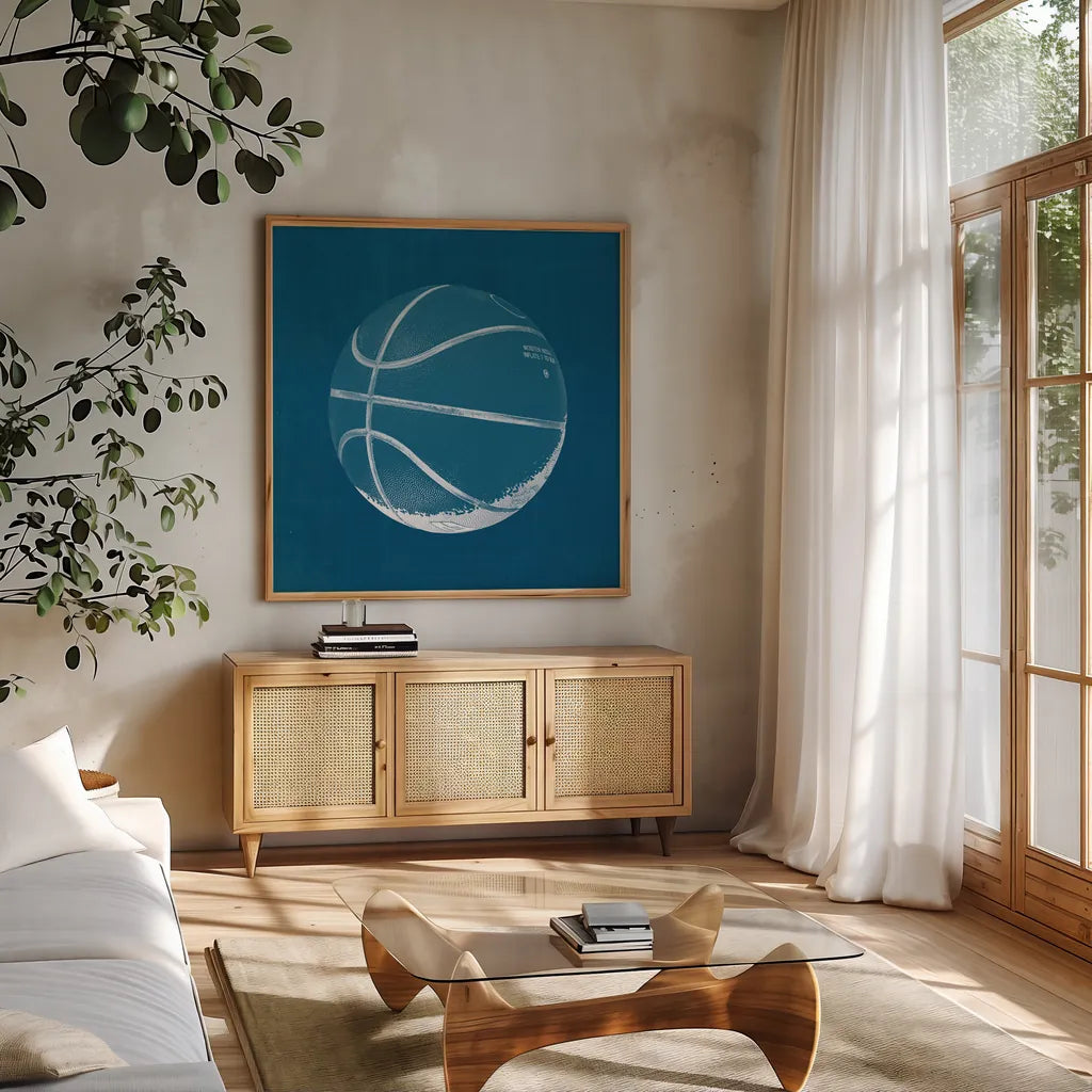 Ball Four Blueprint IV by Wild Apple Portfolio. Shown in a natural wood frame in a cozy modern living room. Available as an archival giclee rolled canvas, fine art paper, or poster print. SKU 62239a.