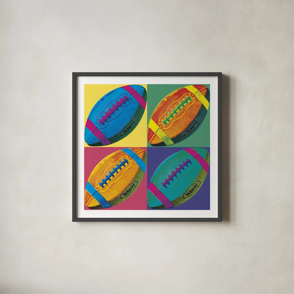Ball Four Football by Wild Apple Portfolio. Shown in a sleek black glass frame for a contemporary gallery look. Available as an archival giclee rolled canvas, fine art paper, or poster print. SKU 9872a.
