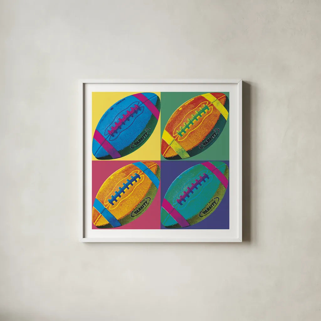 Ball Four Football by Wild Apple Portfolio. Shown in a crisp white glass frame for a clean and minimalist style. Available as an archival giclee rolled canvas, fine art paper, or poster print. SKU 9872a.