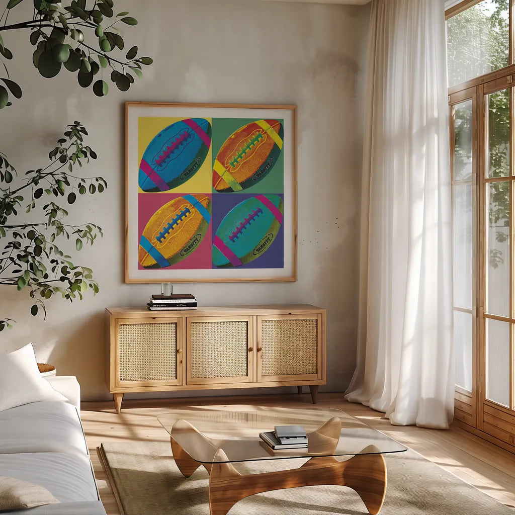 Ball Four Football by Wild Apple Portfolio. Shown in a natural wood frame in a cozy modern living room. Available as an archival giclee rolled canvas, fine art paper, or poster print. SKU 9872a.