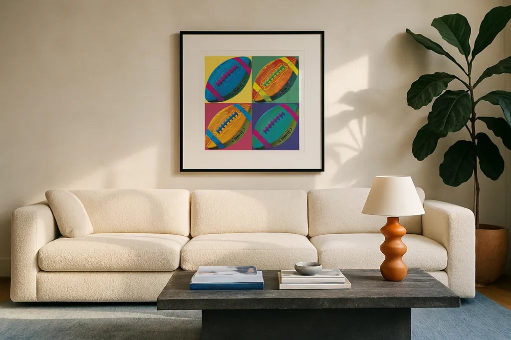 Ball Four Football by Wild Apple Portfolio. Displayed in a glass frame with matte in a clean modern living room. Available as an archival giclee rolled canvas, fine art paper, or poster print. SKU 9872a.