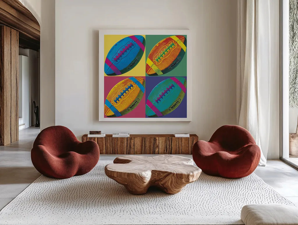 Ball Four Football by Wild Apple Portfolio. Shown as extra-large giant wall art in a modern living room. Available as an archival giclee rolled canvas, fine art paper, or poster print. SKU 9872a.