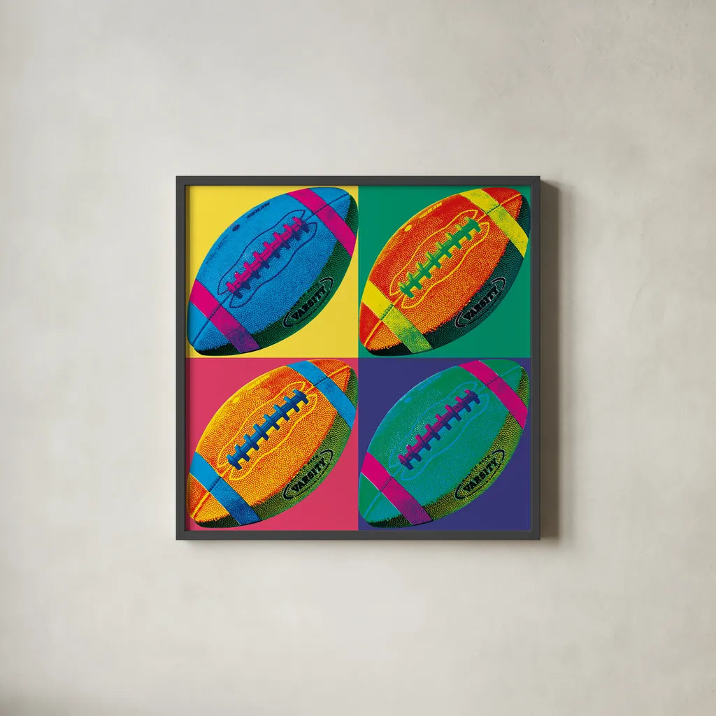 Ball Four Football Crop by Wild Apple Portfolio. Shown in a sleek black glass frame for a contemporary gallery look. Available as an archival giclee rolled canvas, fine art paper, or poster print. SKU 87743a.