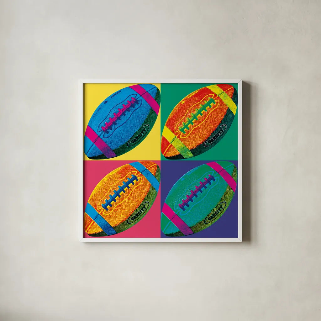 Ball Four Football Crop by Wild Apple Portfolio. Shown in a crisp white glass frame for a clean and minimalist style. Available as an archival giclee rolled canvas, fine art paper, or poster print. SKU 87743a.
