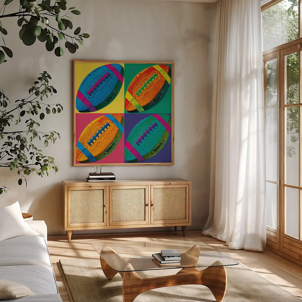 Ball Four Football Crop by Wild Apple Portfolio. Shown in a natural wood frame in a cozy modern living room. Available as an archival giclee rolled canvas, fine art paper, or poster print. SKU 87743a.