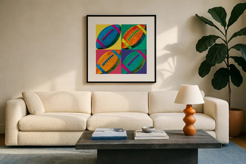 Ball Four Football Crop by Wild Apple Portfolio. Displayed in a glass frame with matte in a clean modern living room. Available as an archival giclee rolled canvas, fine art paper, or poster print. SKU 87743a.
