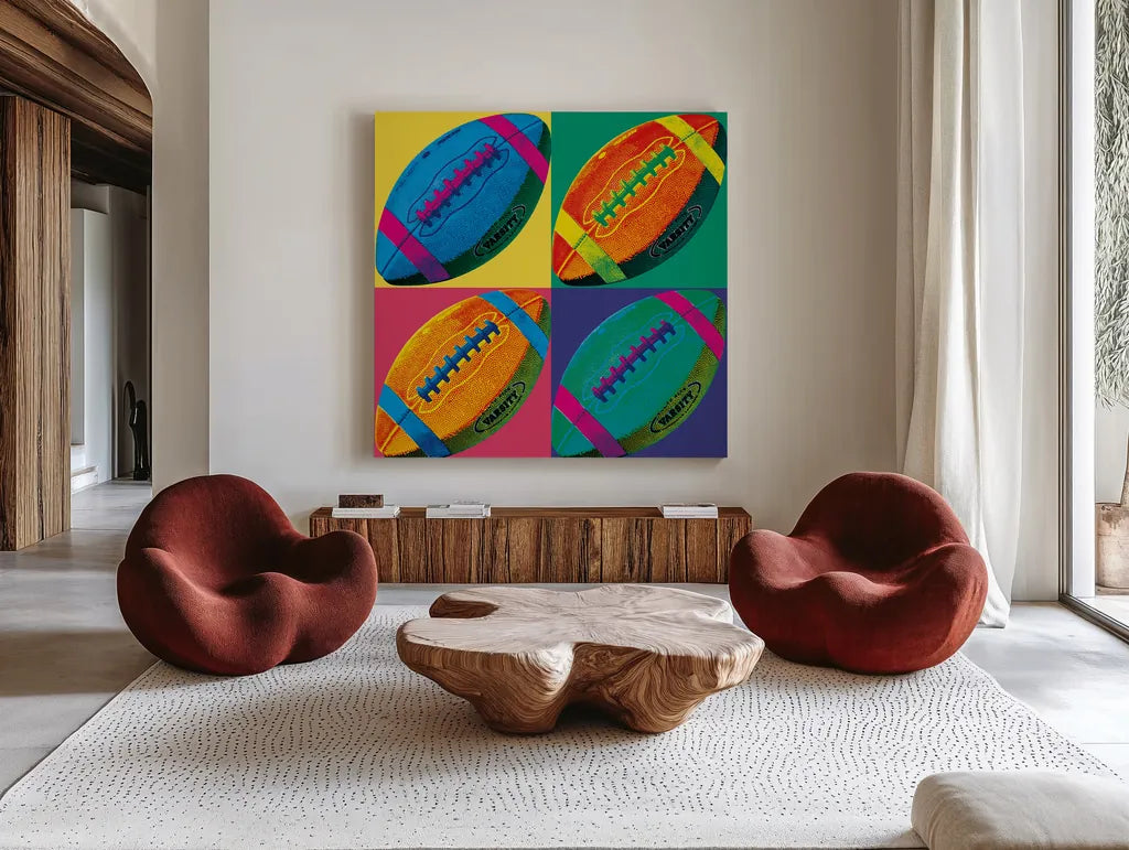 Ball Four Football Crop by Wild Apple Portfolio. Shown as extra-large giant wall art in a modern living room. Available as an archival giclee rolled canvas, fine art paper, or poster print. SKU 87743a.