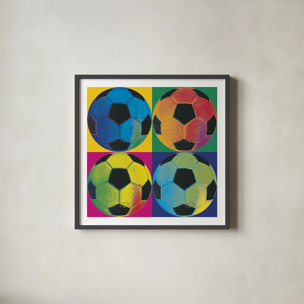 Ball Four Soccer by Wild Apple Portfolio. Shown in a sleek black glass frame for a contemporary gallery look. Available as an archival giclee rolled canvas, fine art paper, or poster print. SKU 9871a.