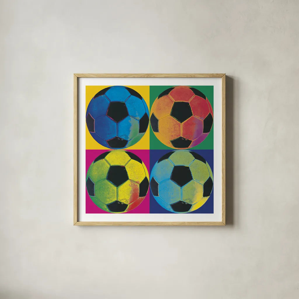Ball Four Soccer by Wild Apple Portfolio. Shown in a natural wood glass frame for a timeless modern aesthetic. Available as an archival giclee rolled canvas, fine art paper, or poster print. SKU 9871a.