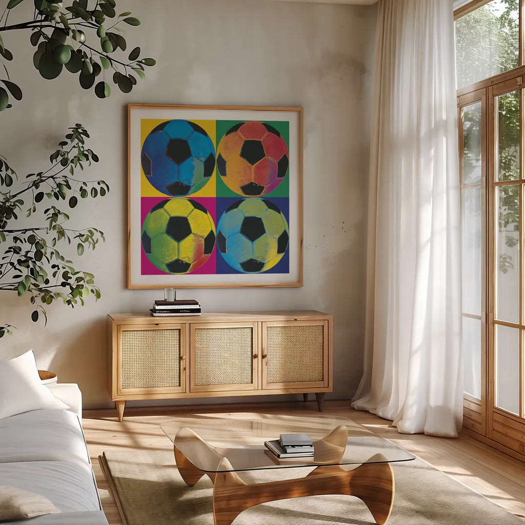 Ball Four Soccer by Wild Apple Portfolio. Shown in a natural wood frame in a cozy modern living room. Available as an archival giclee rolled canvas, fine art paper, or poster print. SKU 9871a.