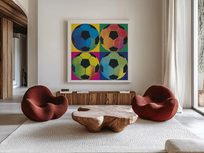 Ball Four Soccer by Wild Apple Portfolio. Shown as extra-large giant wall art in a modern living room. Available as an archival giclee rolled canvas, fine art paper, or poster print. SKU 9871a.