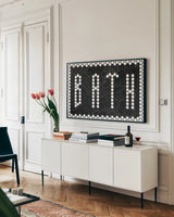 Bath Tiles Inverted by Wild Apple Portfolio. shown as a framed stretched canvas in a living room above a console. Available as a archival giclee rolled canvas, fine art paper, or poster print. SKU 79198i.