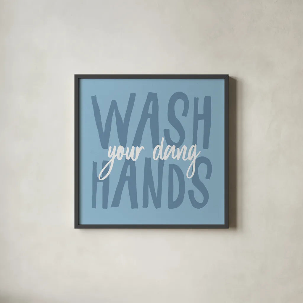 Bathroom Advice I by Wild Apple Portfolio. Shown in a sleek black glass frame for a contemporary gallery look. Available as an archival giclee rolled canvas, fine art paper, or poster print. SKU 62974a.