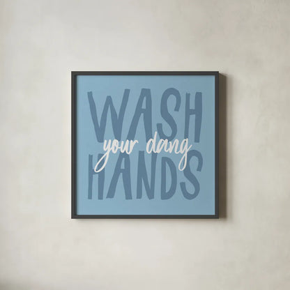 Bathroom Advice I by Wild Apple Portfolio. Shown in a sleek black glass frame for a contemporary gallery look. Available as an archival giclee rolled canvas, fine art paper, or poster print. SKU 62974a.