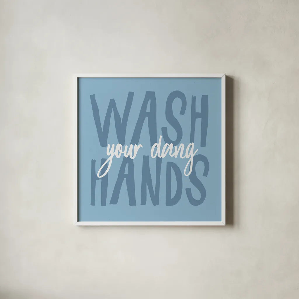 Bathroom Advice I by Wild Apple Portfolio. Shown in a crisp white glass frame for a clean and minimalist style. Available as an archival giclee rolled canvas, fine art paper, or poster print. SKU 62974a.