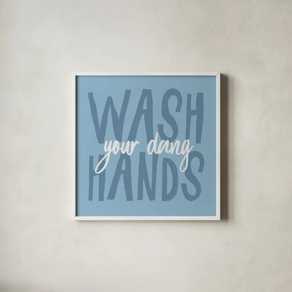Bathroom Advice I by Wild Apple Portfolio. Shown in a crisp white glass frame for a clean and minimalist style. Available as an archival giclee rolled canvas, fine art paper, or poster print. SKU 62974a.